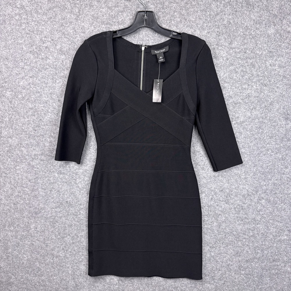 White House Black Market Dress XS Black Bandage Sheath 3/4 Sleeve Sweetheart LBD